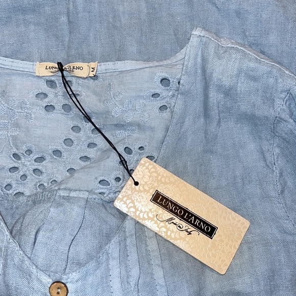 Lungo L'Arno medium 100% linen blue scoop neck button down 3/4 Roll Tab Sleeve - Picture 9 of 12